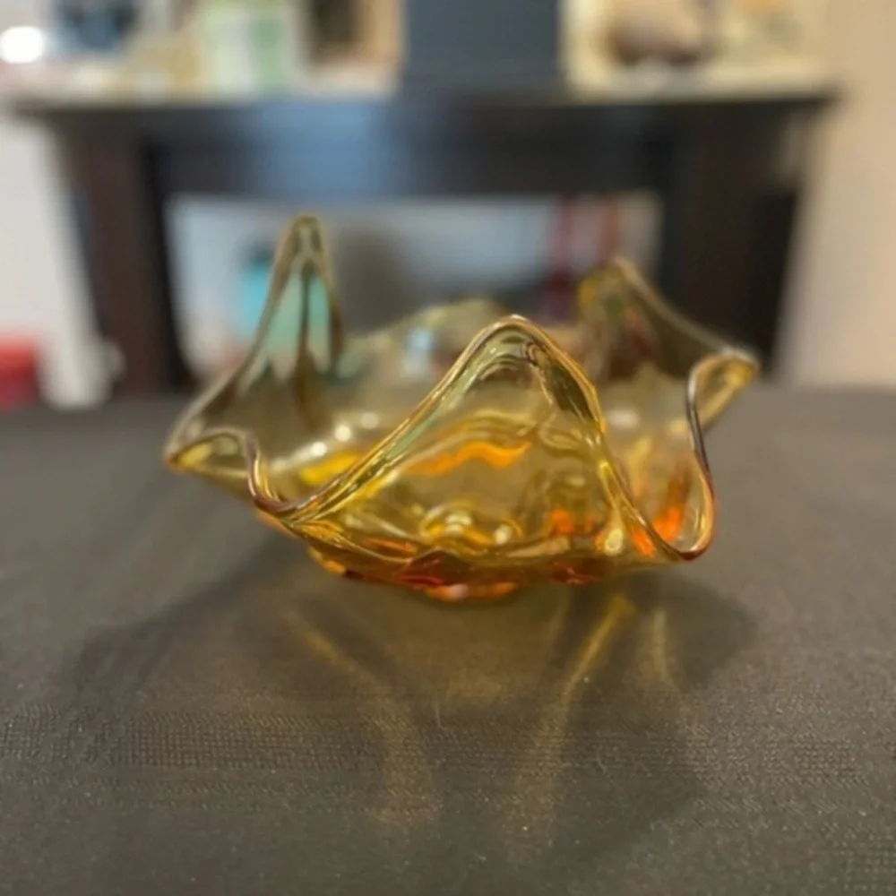 Viking vintage MCM blown amber art glass trinket bowl candy dish.